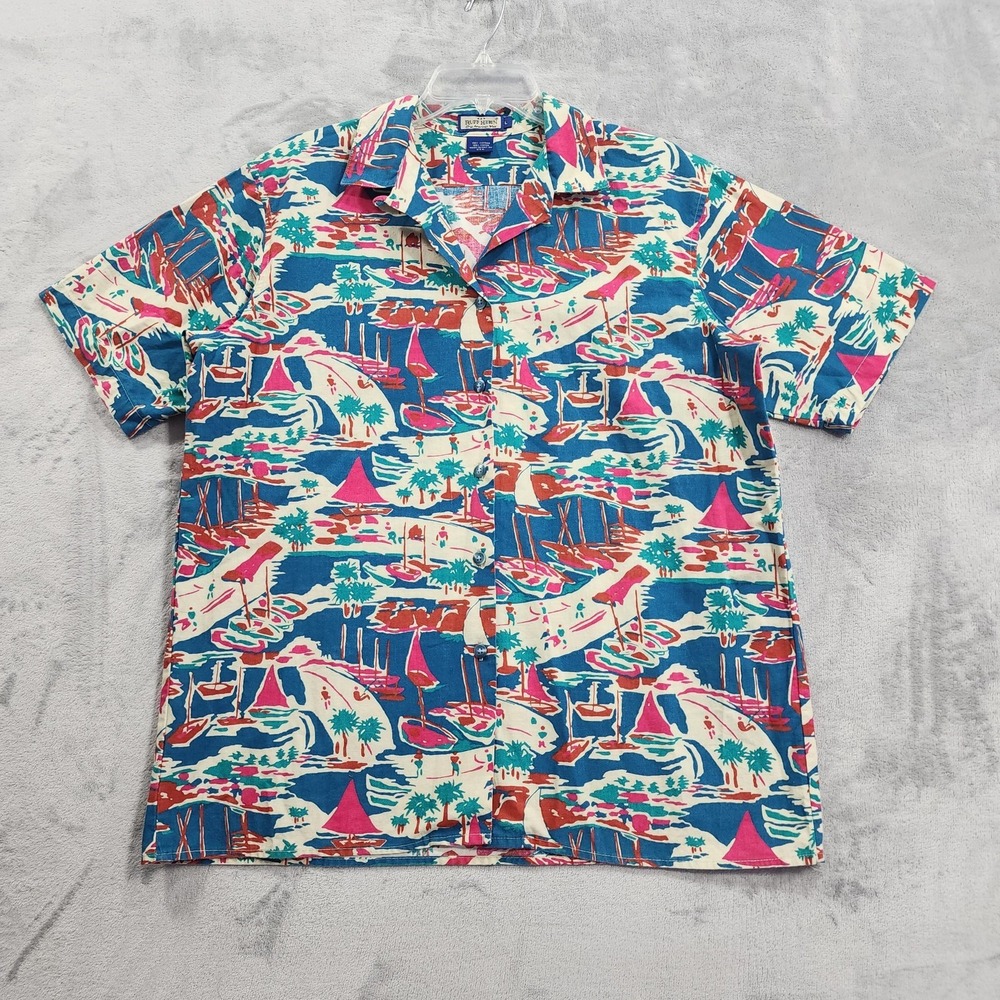 Vintage Ruff Hewn Hawaiian Shirt Mens L Multicolor Sailboat‎ Beach USA Casual